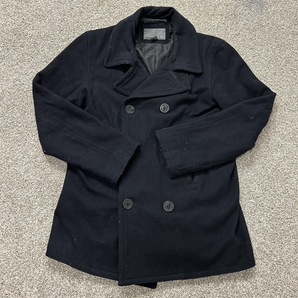 Y2K Old Navy Coat Mens L Black Pea Coat Lined Double Breasted Casual Winter